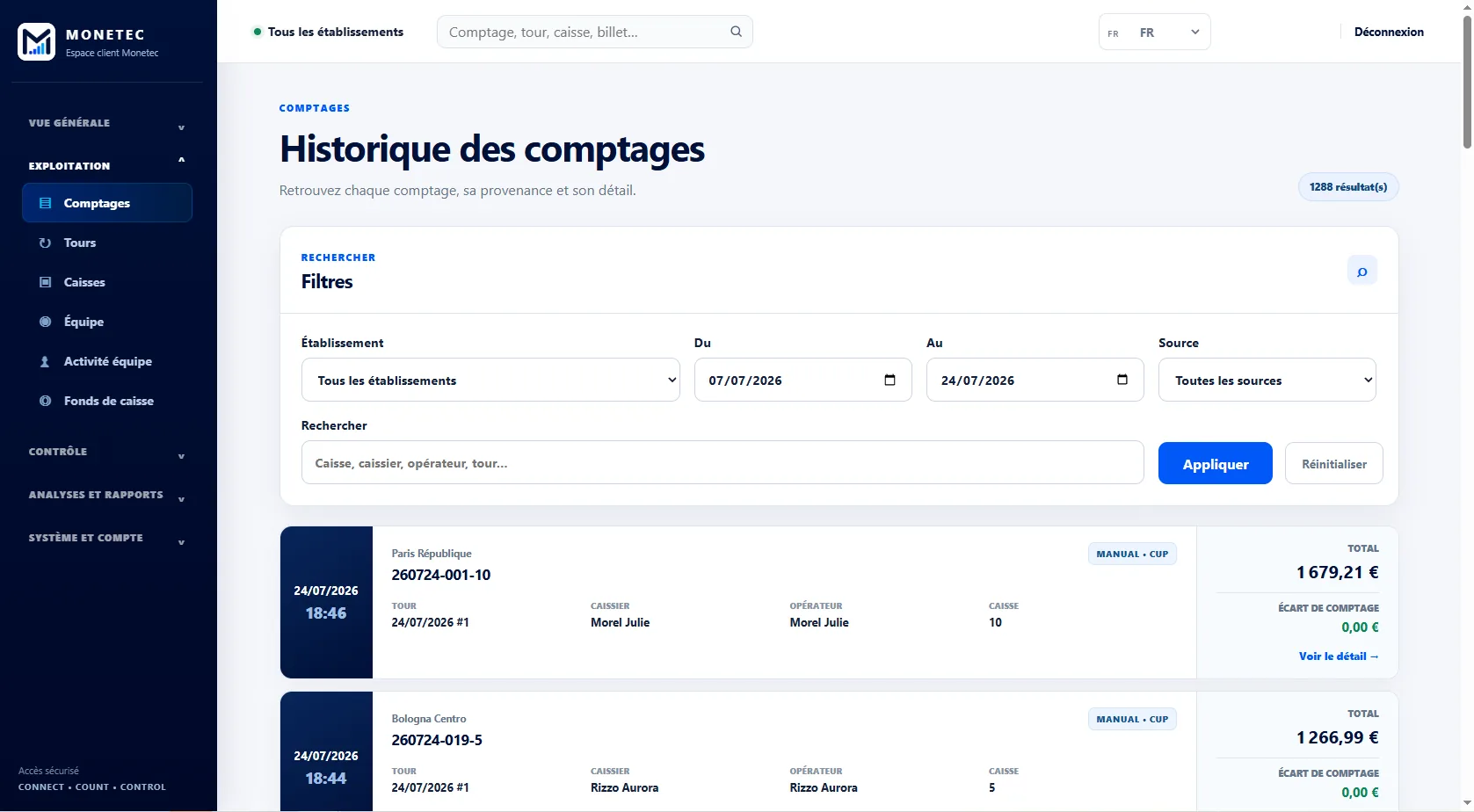Historique des comptages