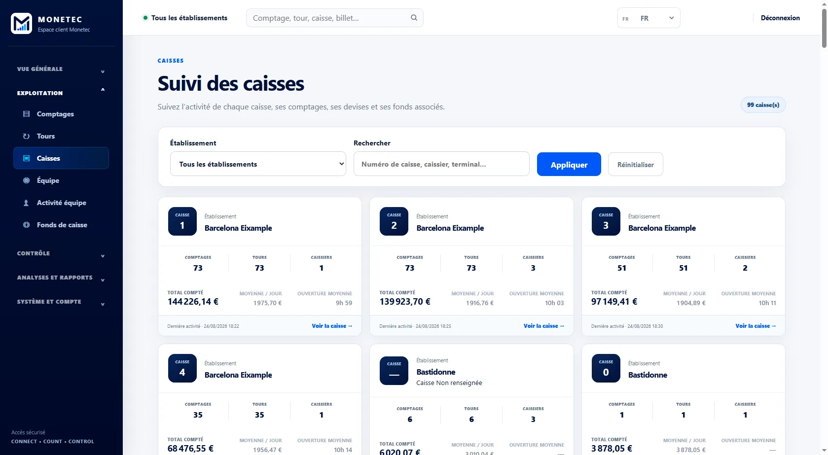 Capture réelle Monetec Cloud : Retrouvez les caisses concernées