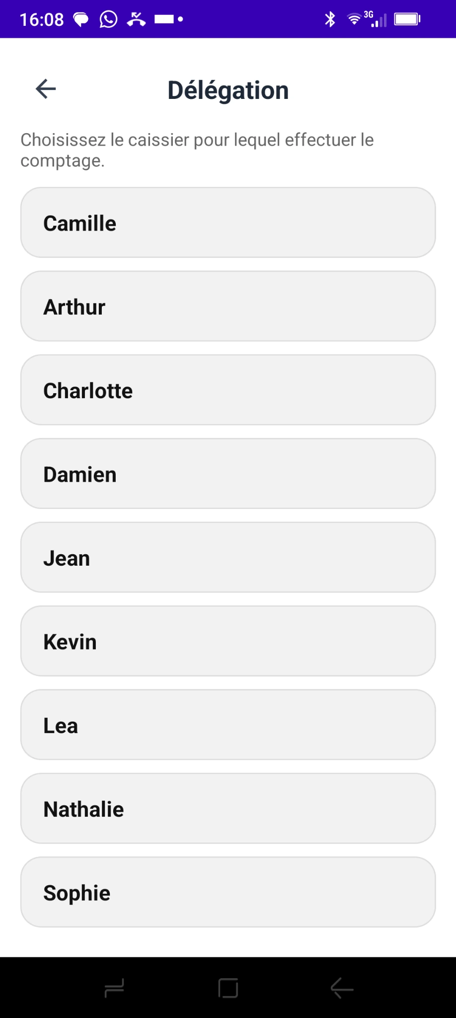 Capture Android originale de l’écran Délégation avec la liste des caissiers