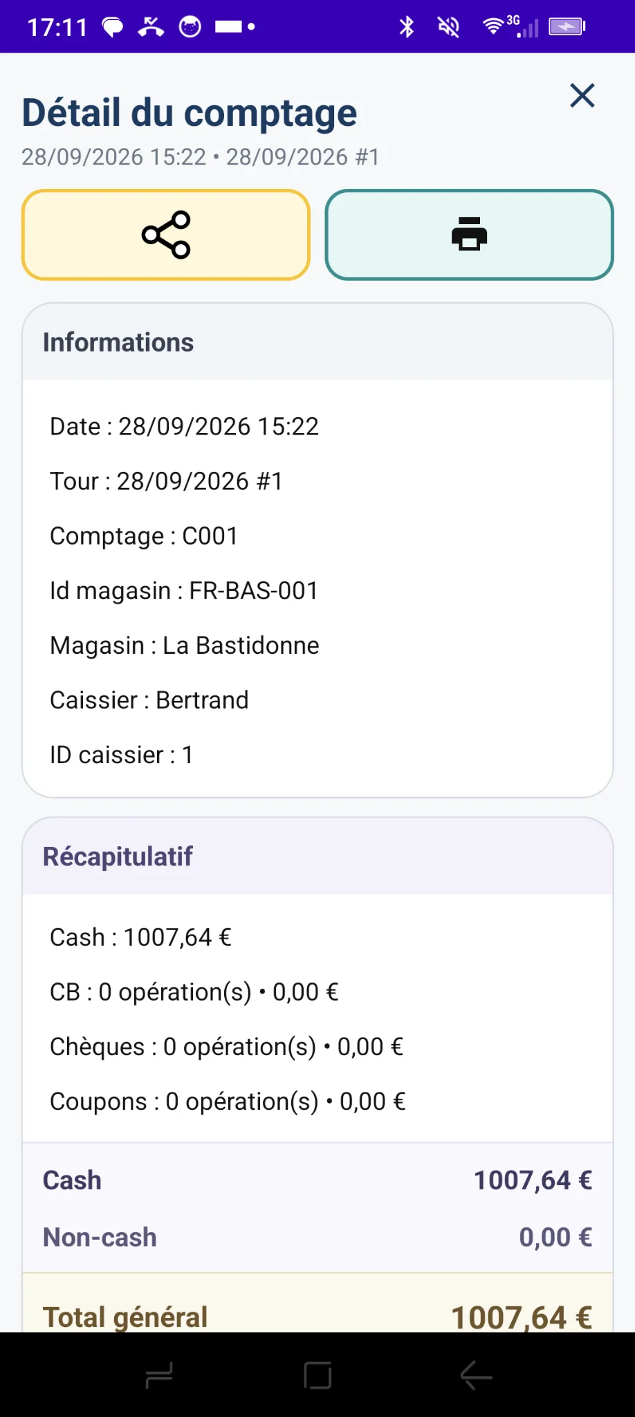Détail d'un comptage Monetec avec identification, magasin et récapitulatif