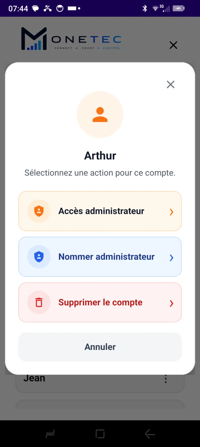 Actions sur un compte : accès administrateur, nomination et suppression