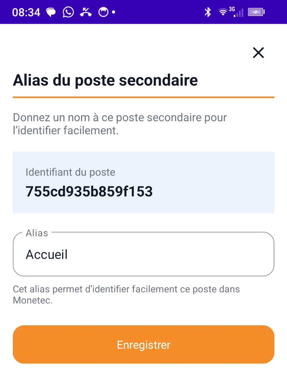 Monetec : écran de modification du nom d'un poste secondaire