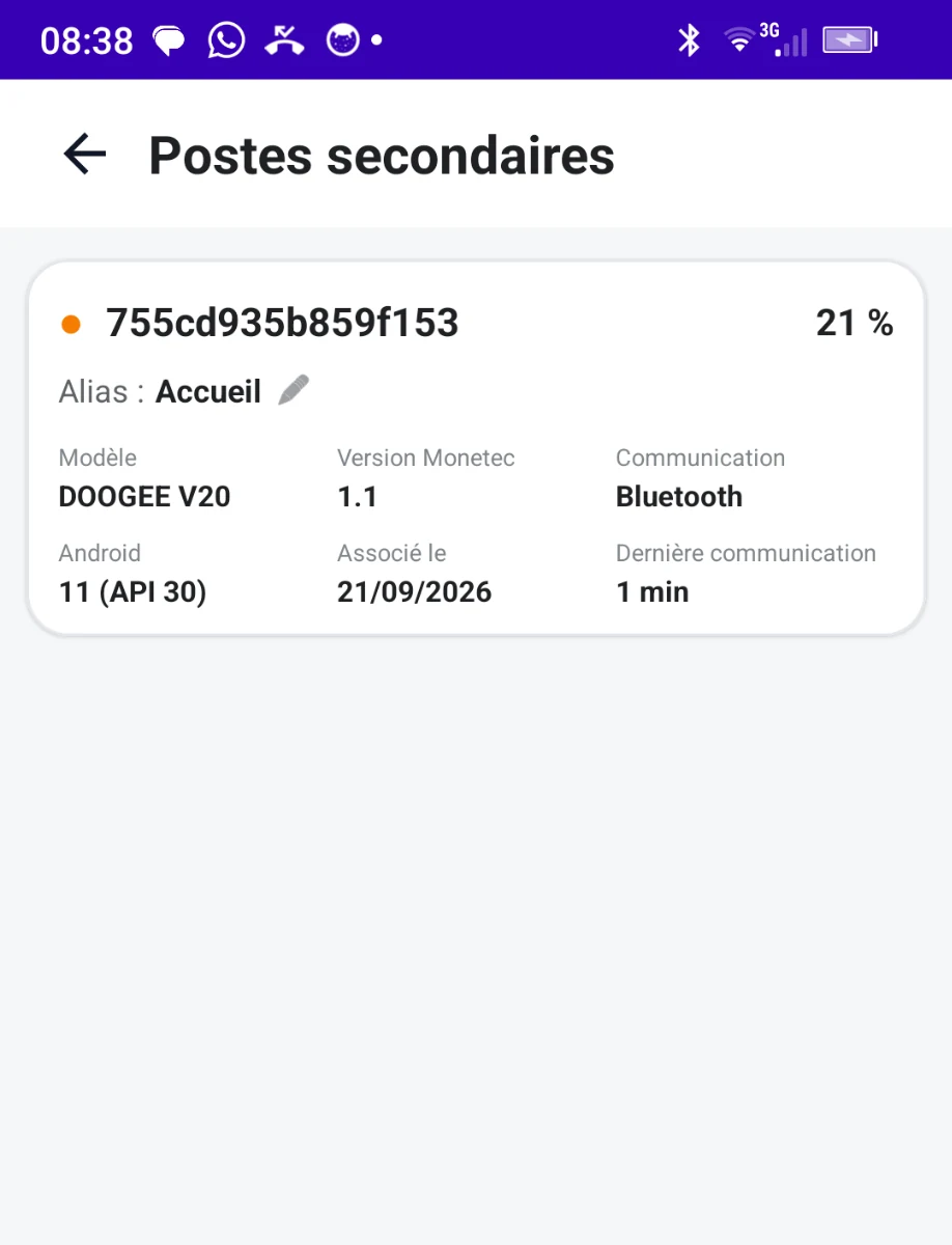 Monetec : fiche du poste secondaire Accueil avec la batterie, le modèle, la version et la dernière communication