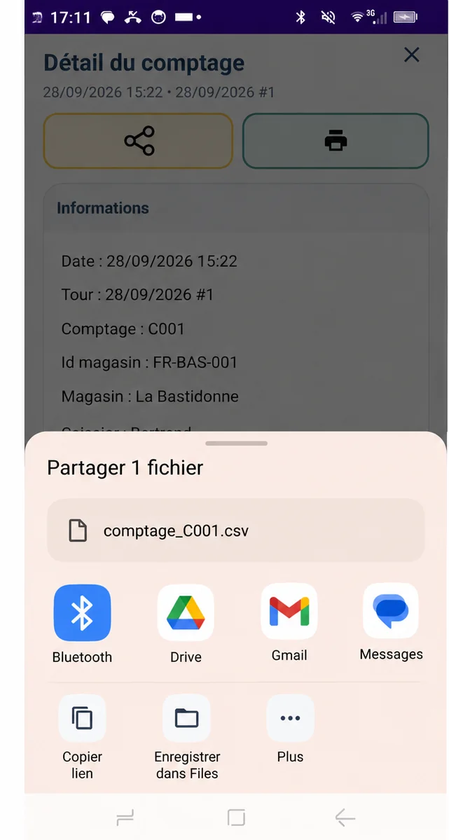 Exemple du menu de partage Android avec un fichier de comptage CSV et des applications courantes