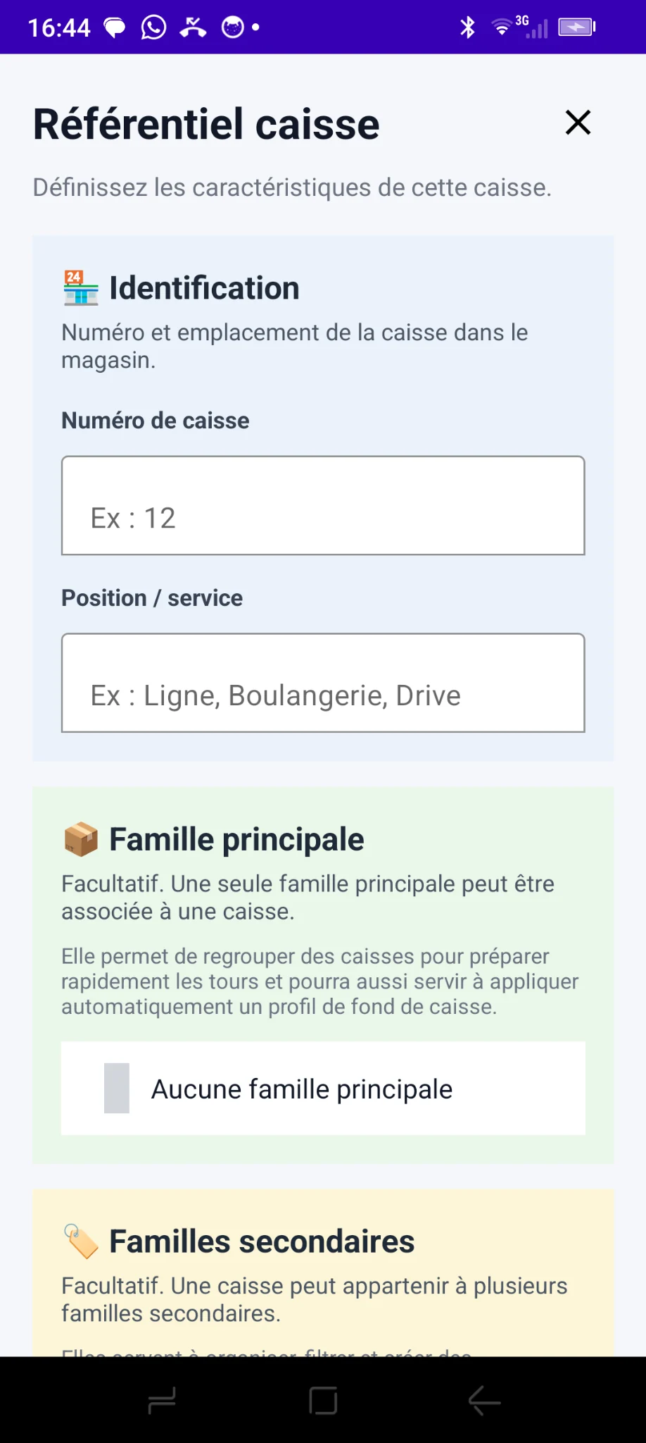 Fiche de création d'une caisse : numéro, position et famille principale
