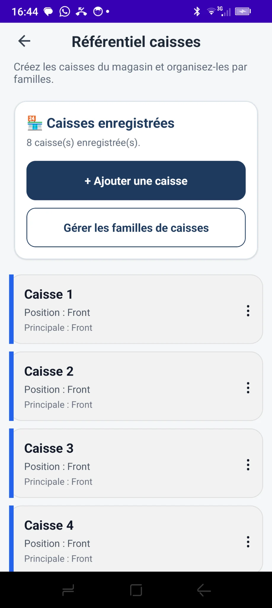 Référentiel Monetec : huit caisses enregistrées avec numéro, position et famille principale