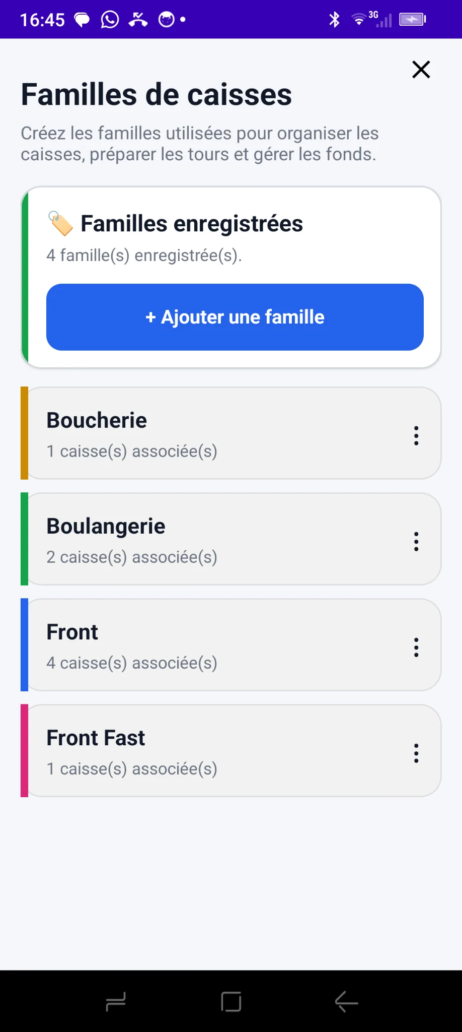 Liste des familles de caisses : Boucherie, Boulangerie, Front et Front Fast