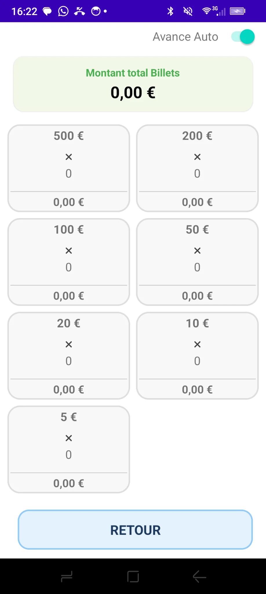 Écran de saisie des billets
