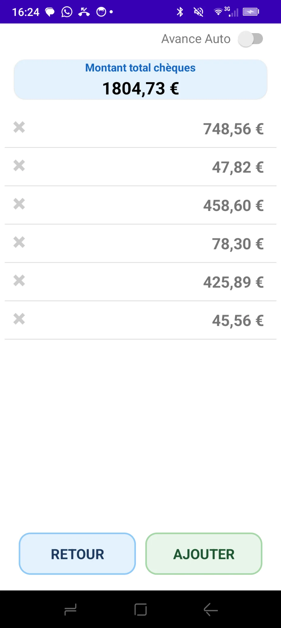 Liste des chèques et montant total saisi