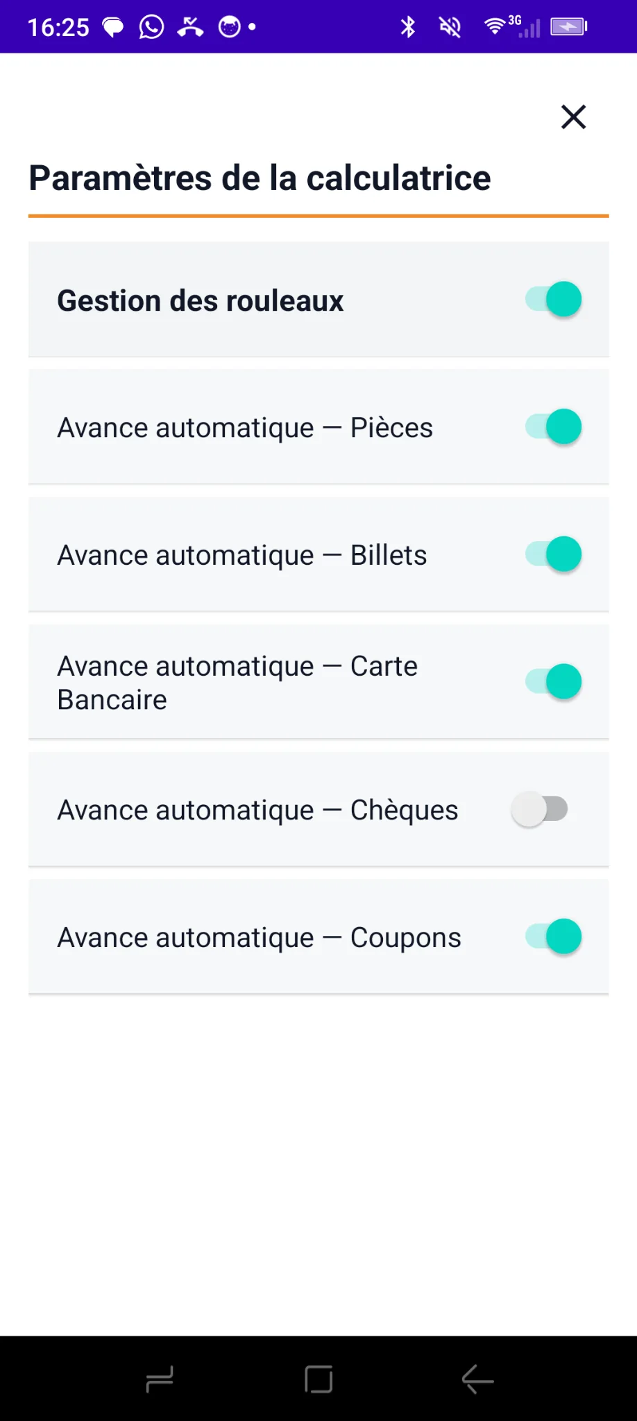 Paramètres de saisie : rouleaux et avance automatique