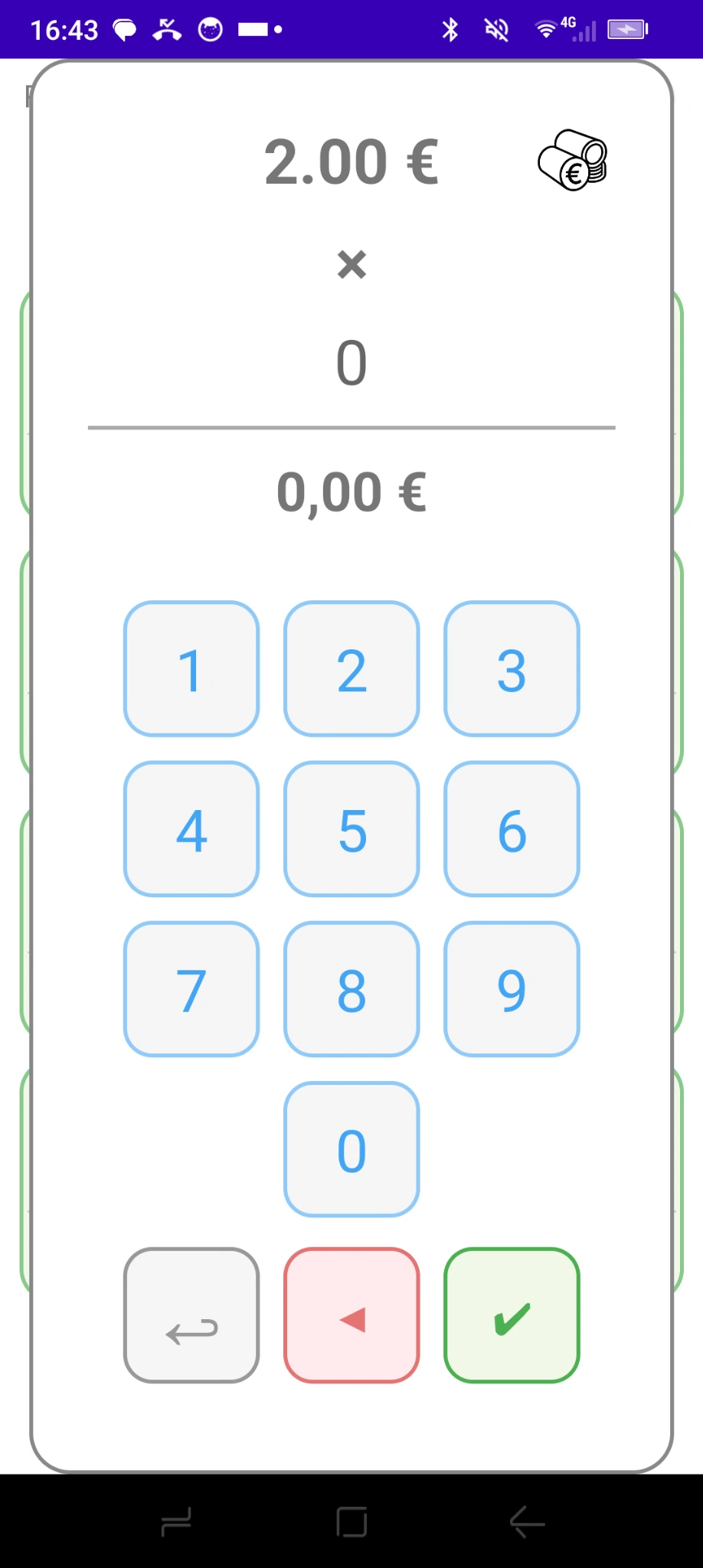 Clavier de saisie de la quantité pour une pièce de 2 euros