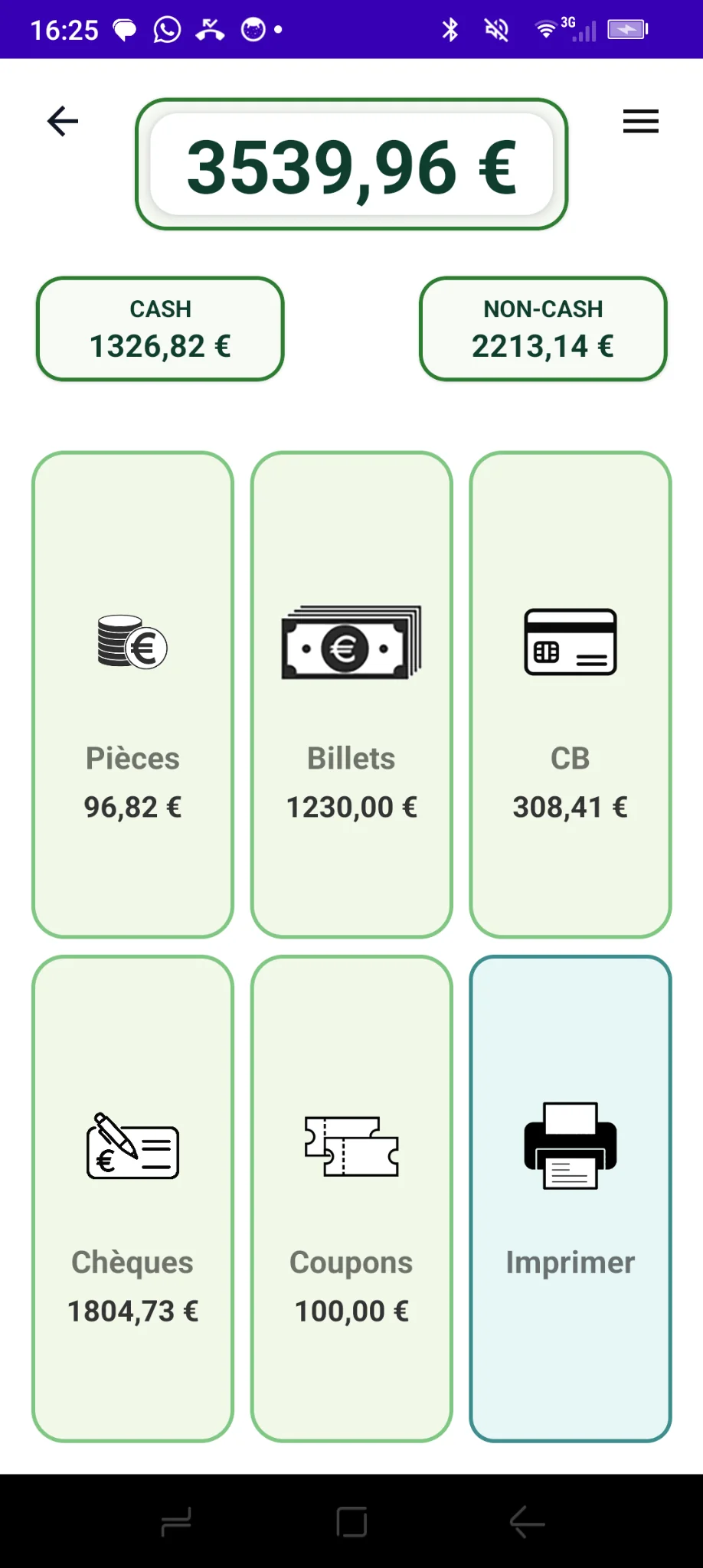 Écran réel Monetec : total général 3 539,96 €, répartition cash et non-cash